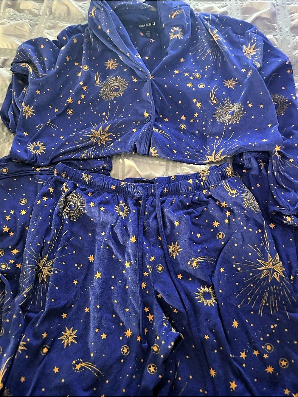 Room Service Celestial Sun Moon Star Pajama Set Blue & Gold S/M